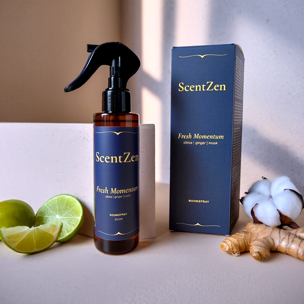 ScentZen Fresh Momentum roomspray met verpakking, verfrissende geur van citrus, gember en muskus.