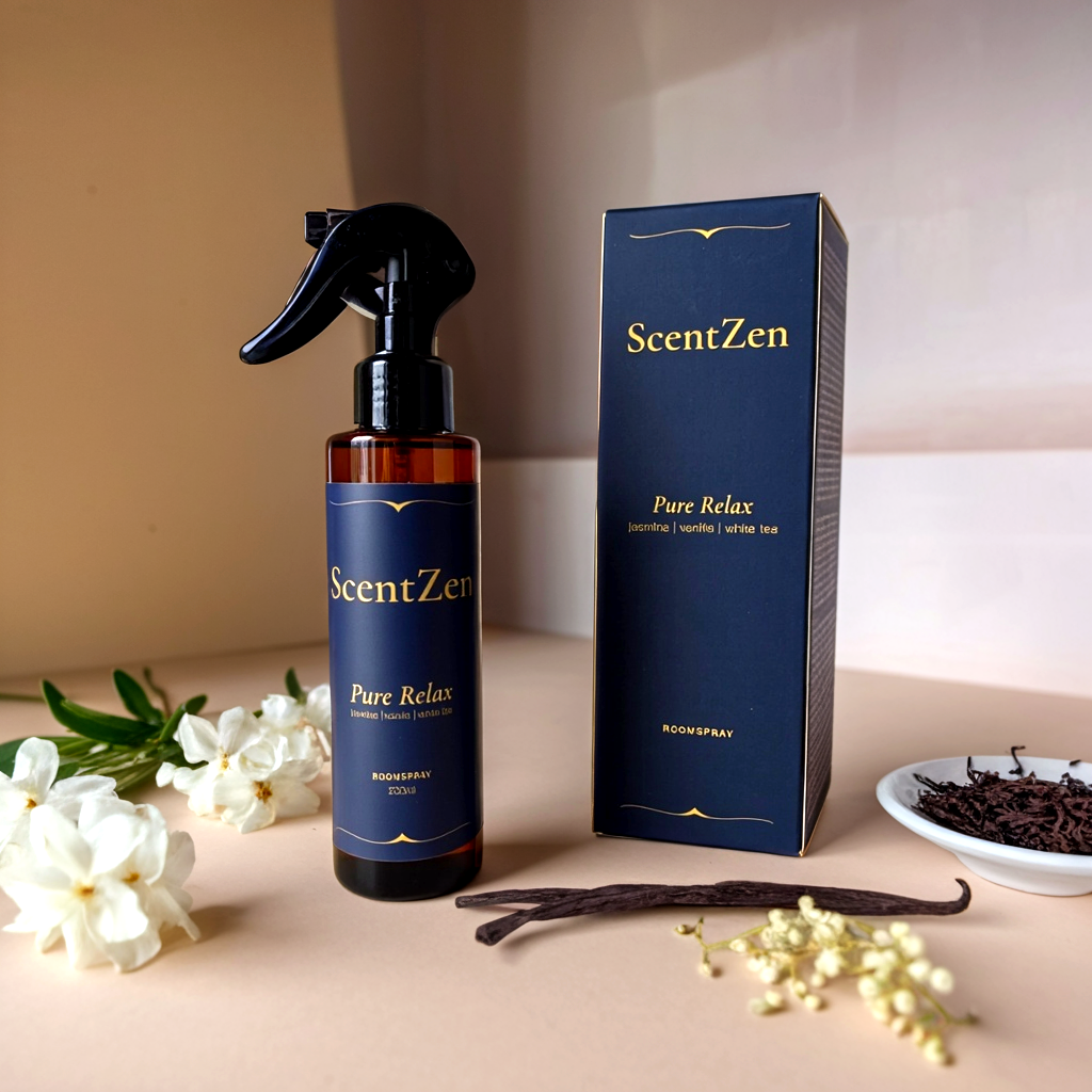 ScentZen Pure Relax roomspray met verpakking, rustgevende geur van jasmijn, vanille en witte thee.